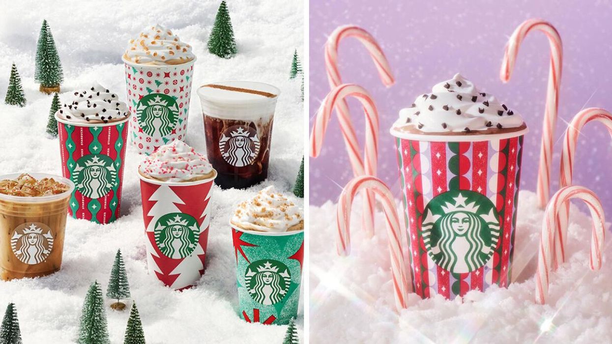 Starbucks holiday drinks. Right: Starbucks Peppermint Mocha.