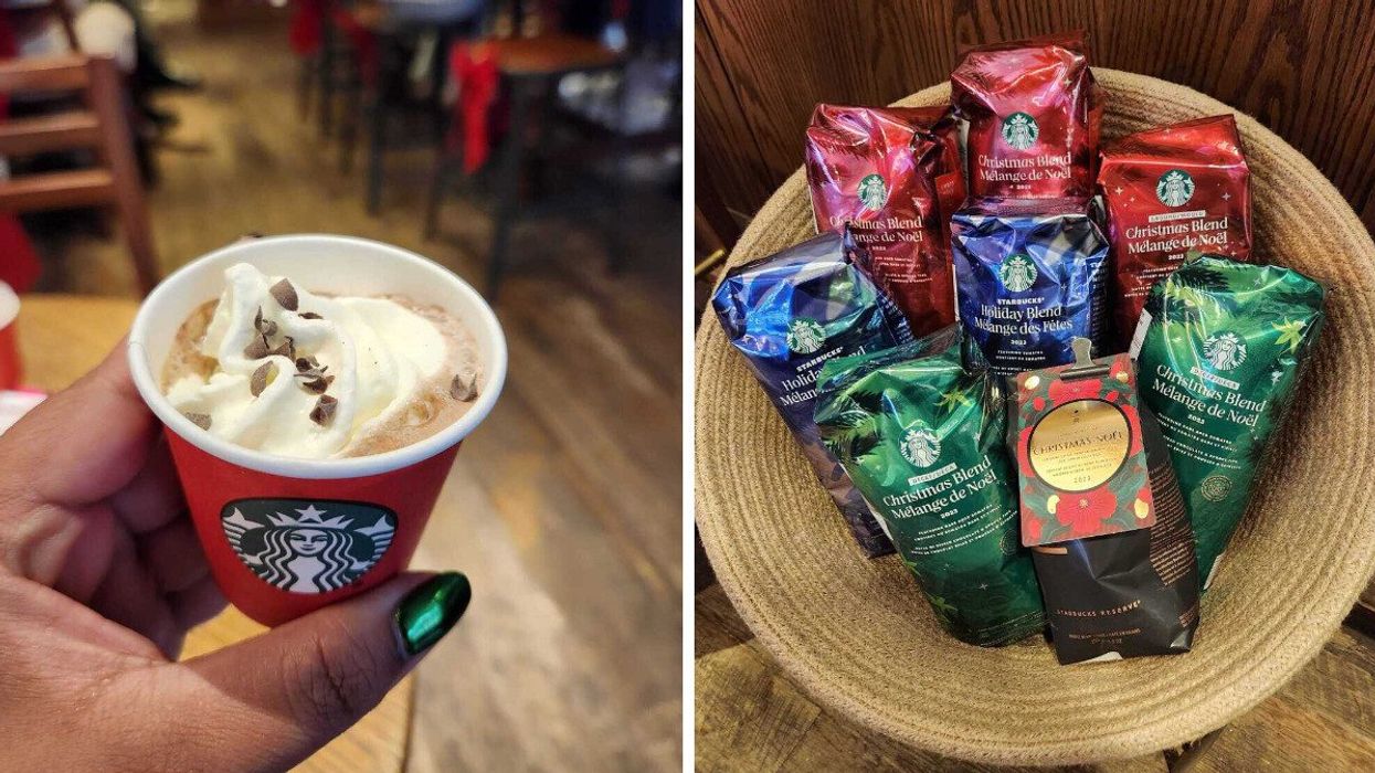 Starbucks' holiday peppermint. mocha menu item. Right: Different holiday coffees at Starbucks.