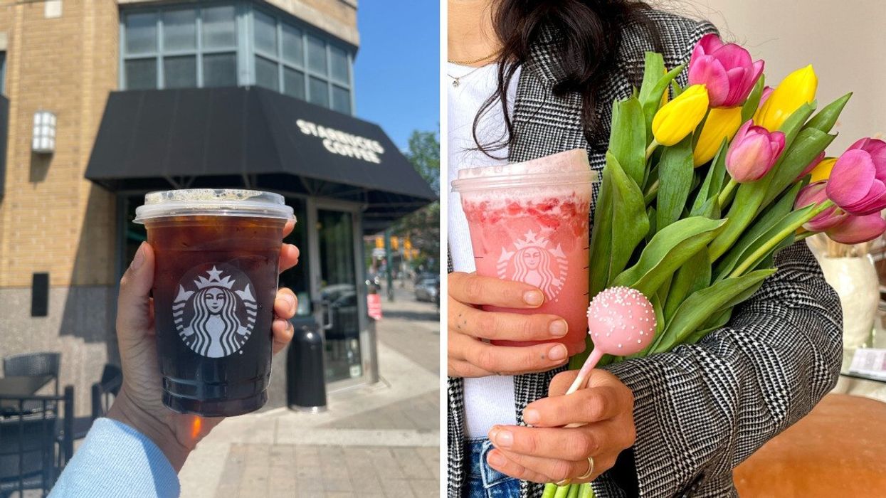 Starbucks iced coffee. Right: A person holding a Starbucks drink and a cake pop.