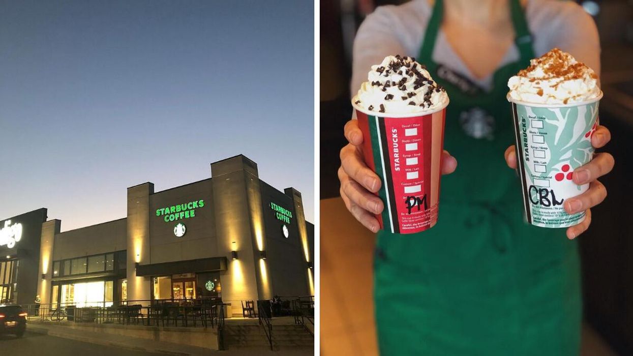 Starbucks location in Ontario. Right: Starbucks barista holding two holiday drinks.