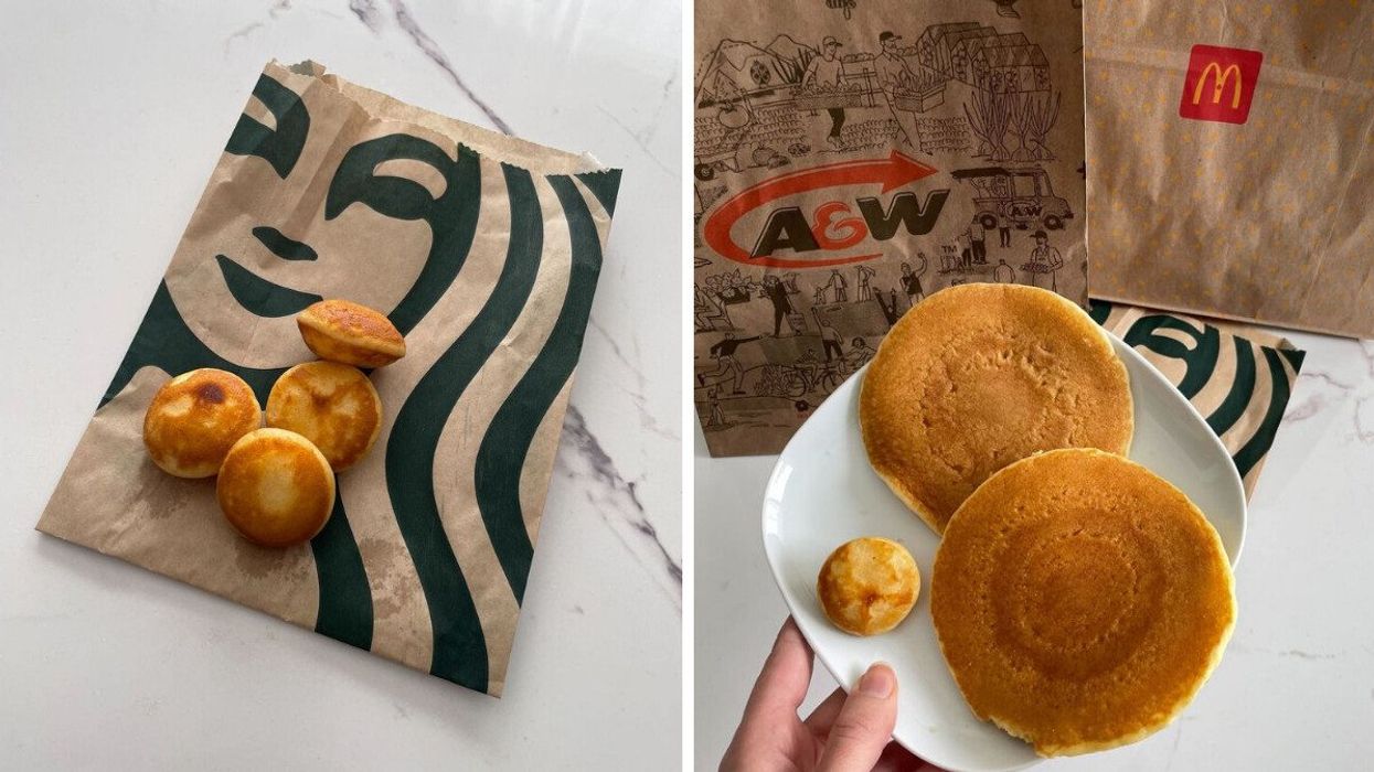 starbucks mini pancakes. right: starbucks, mcdonald's and a&w pancakes on a plate