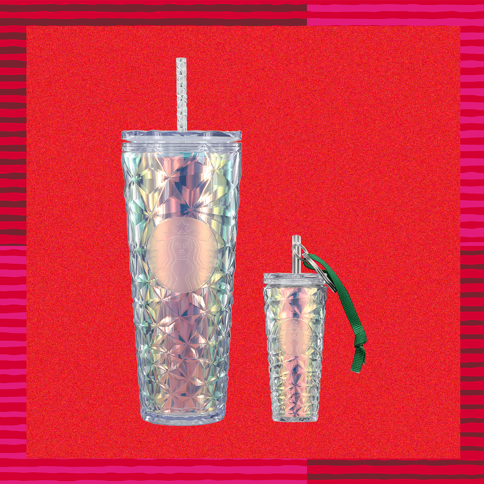 Starbucks' new Cold Cup Prism Dichroic in icy white along with a mini size to be used as an ornament or on key chains.