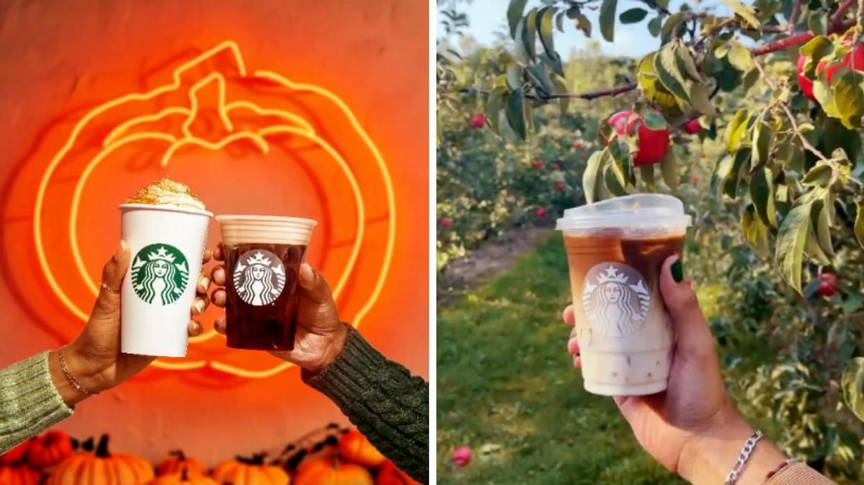 Starbucks Pumpkin Spice Latte and Pumpkin Cream Cold Brew in front of a neon pumpkin sign. Right: Person holding a Starbucks Apple Crisp Macchiato in an apple orchard.