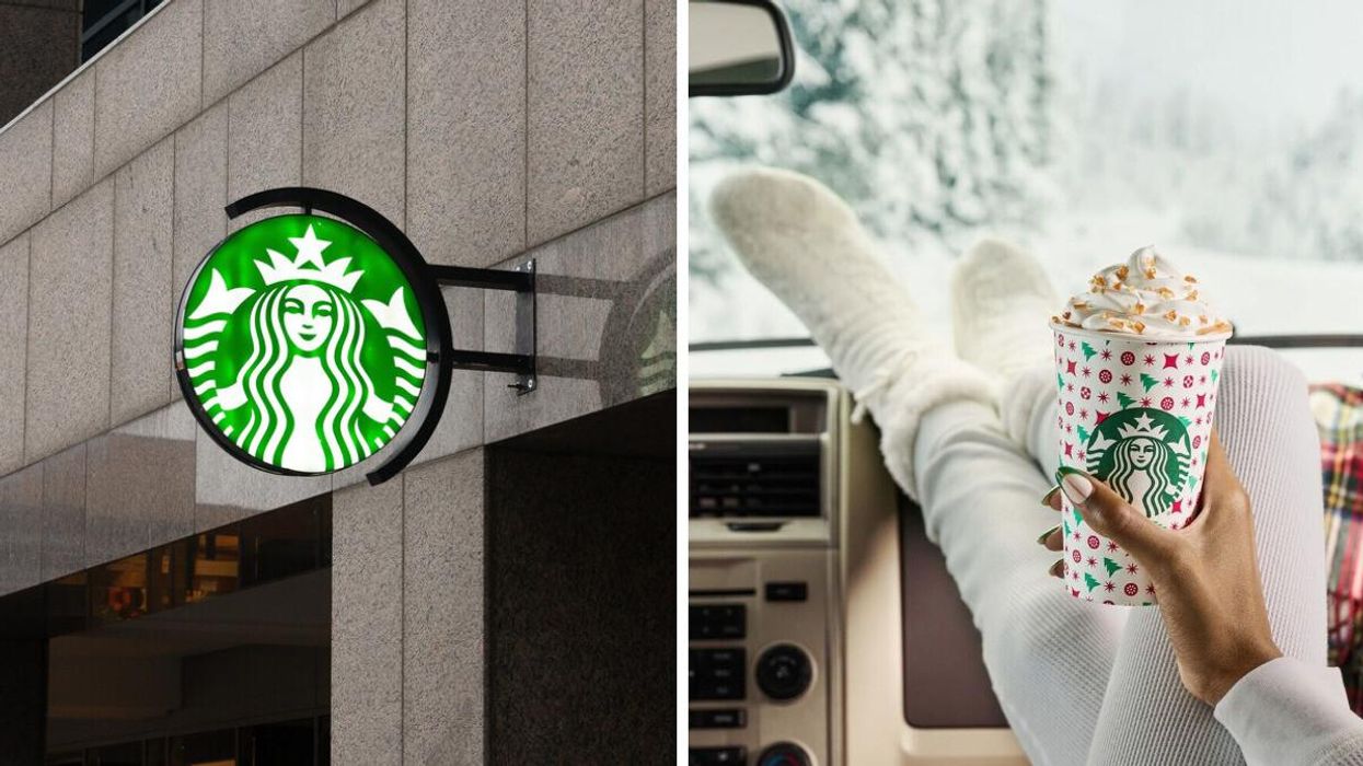 Starbucks sign. Right: A woman holding a Starbucks drink.