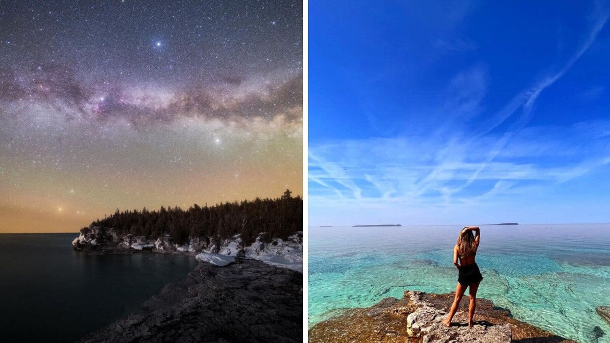Starry skies over Bruce Peninsula National Park. Right: A person standing at a beach in Tobermory.