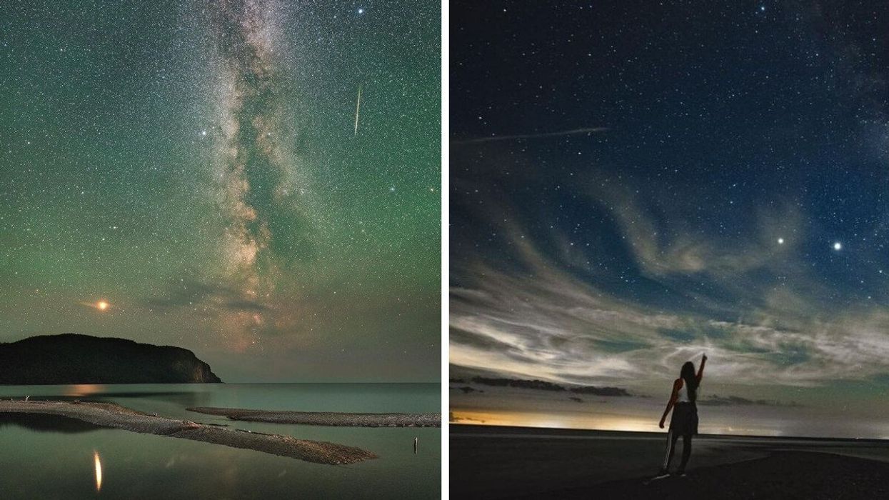 Stars in the sky at Lake Superior Provincial Park. Right: A person views stars at an Ontario park.