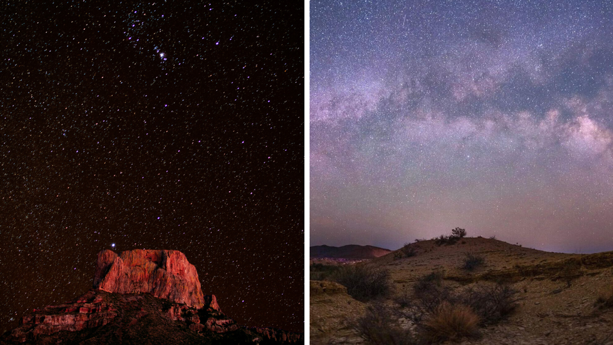 Stars shine over Casa Grande Peak in Big Bend National Park. Right: The Milky Way glows in Terlingua, TX.