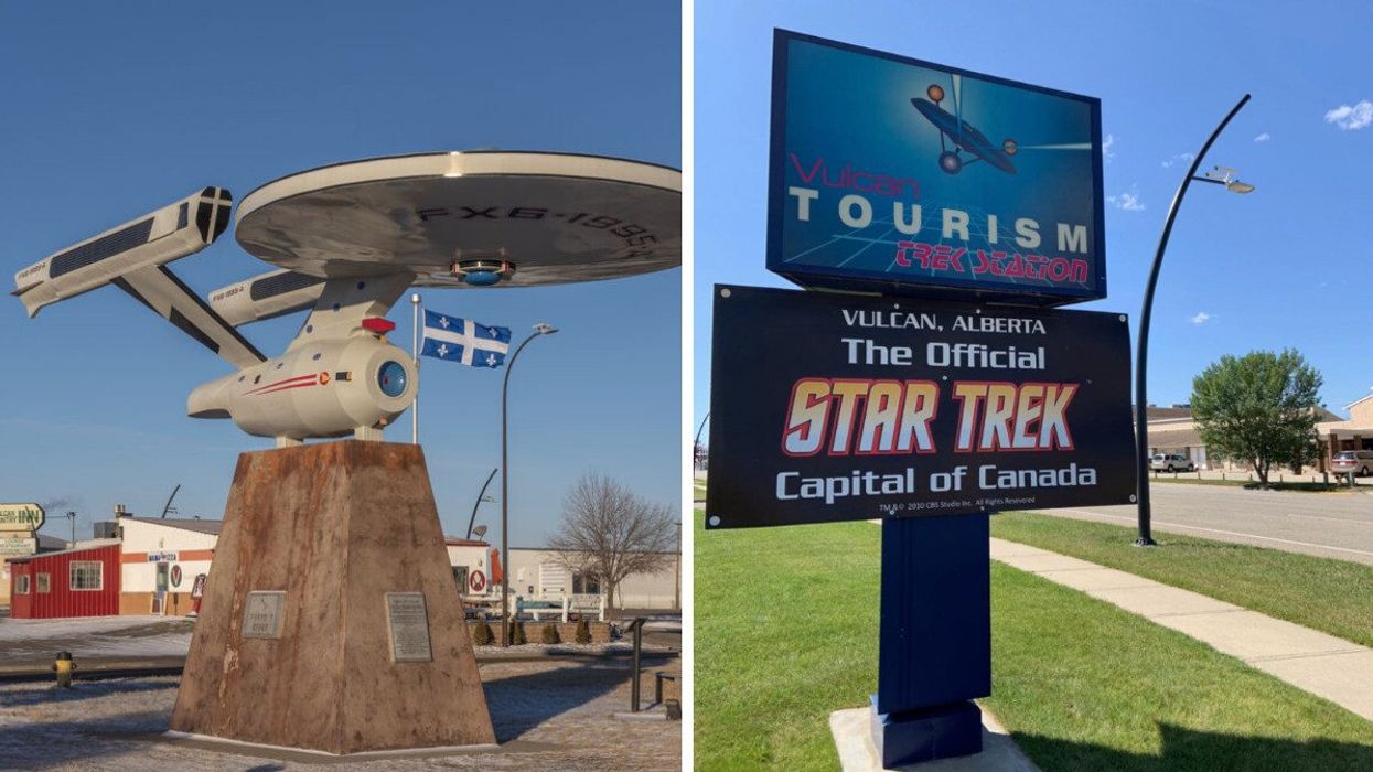 Starship in Vulcan, Alberta. Right: Sign in Vulcan, Alberta.