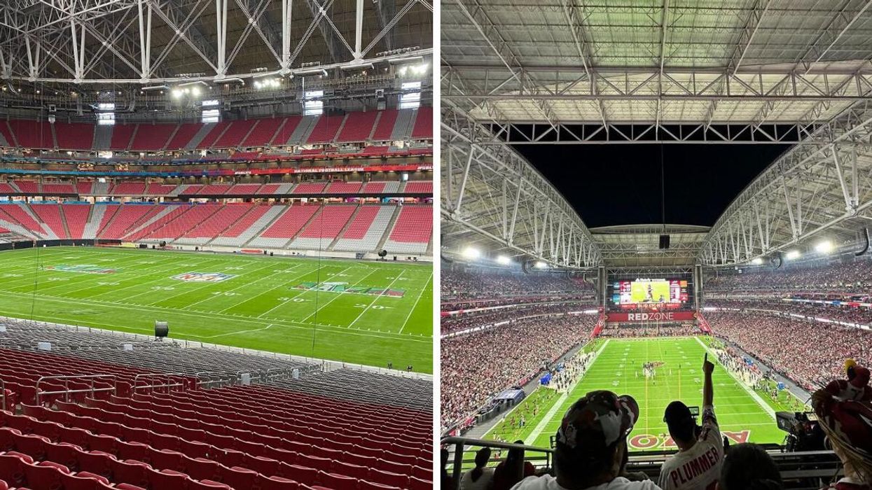 State Farm Stadium field for the 2023 Super Bowl. Right: People watching an NFL game at State Farm Stadium.
