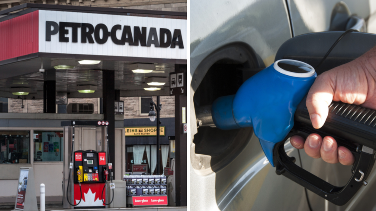 Station-service de Petro-Canada. Droite : Pompe à essence faisant le plein d'une voiture.