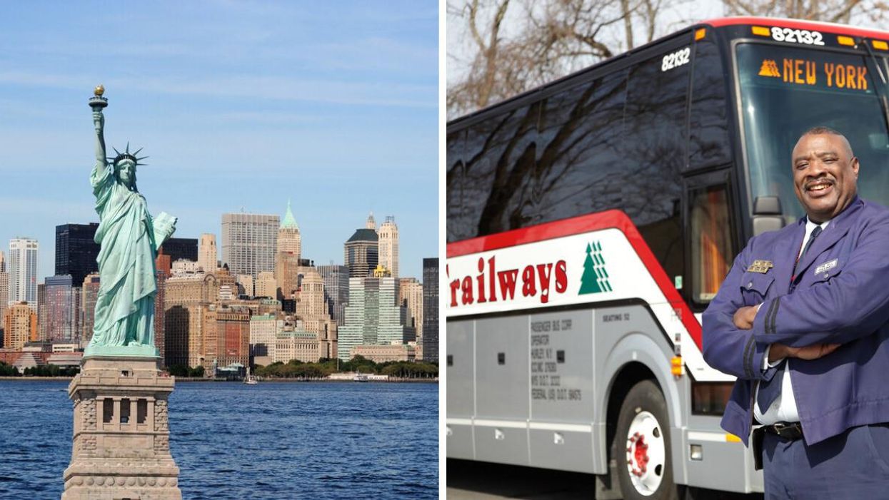 Statue of Liberty in New York City. Right: Trailways bus headed to NYC.