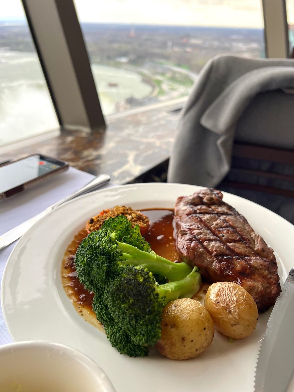 Steak, broccoli and potatoes.