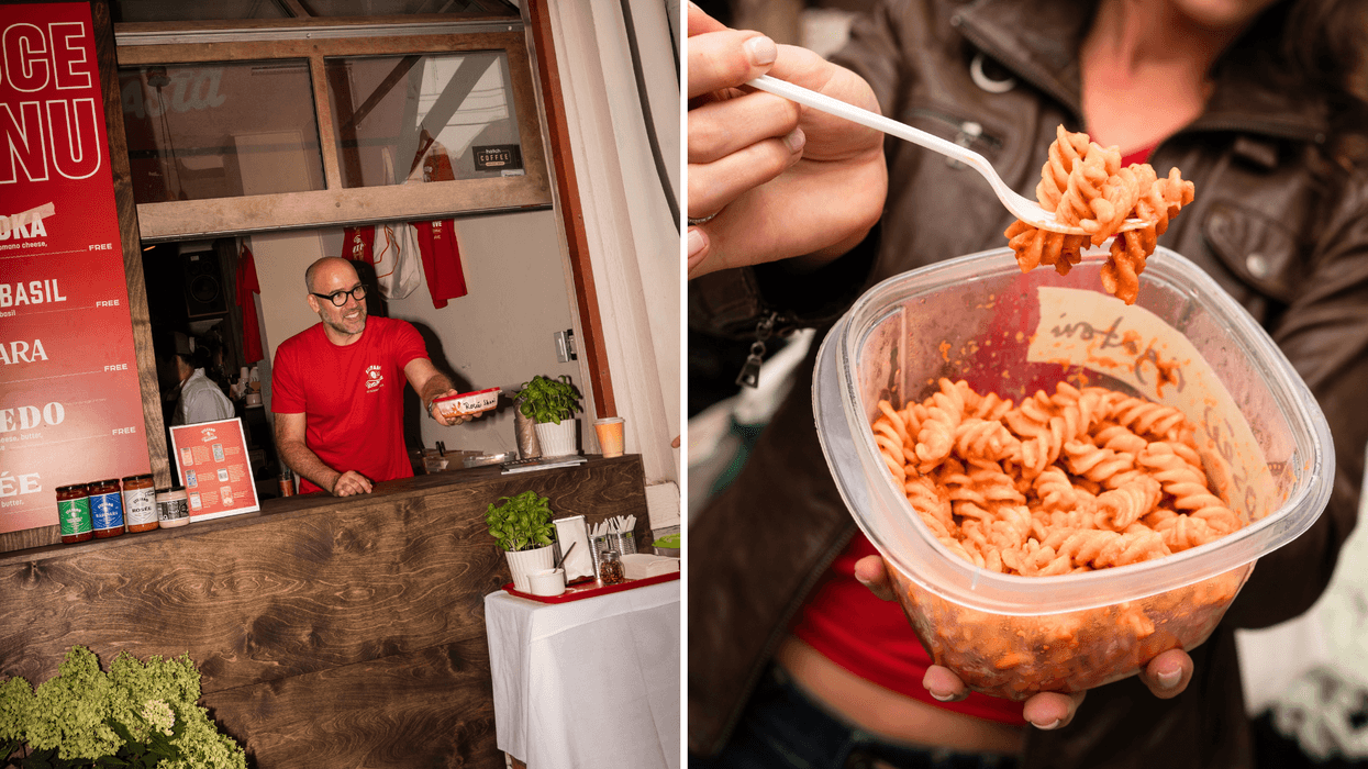 Stefano Faita hands back a container of pasta from his pop-up restaurant. Right: A bowl of fusilli in a rosé sauce.
