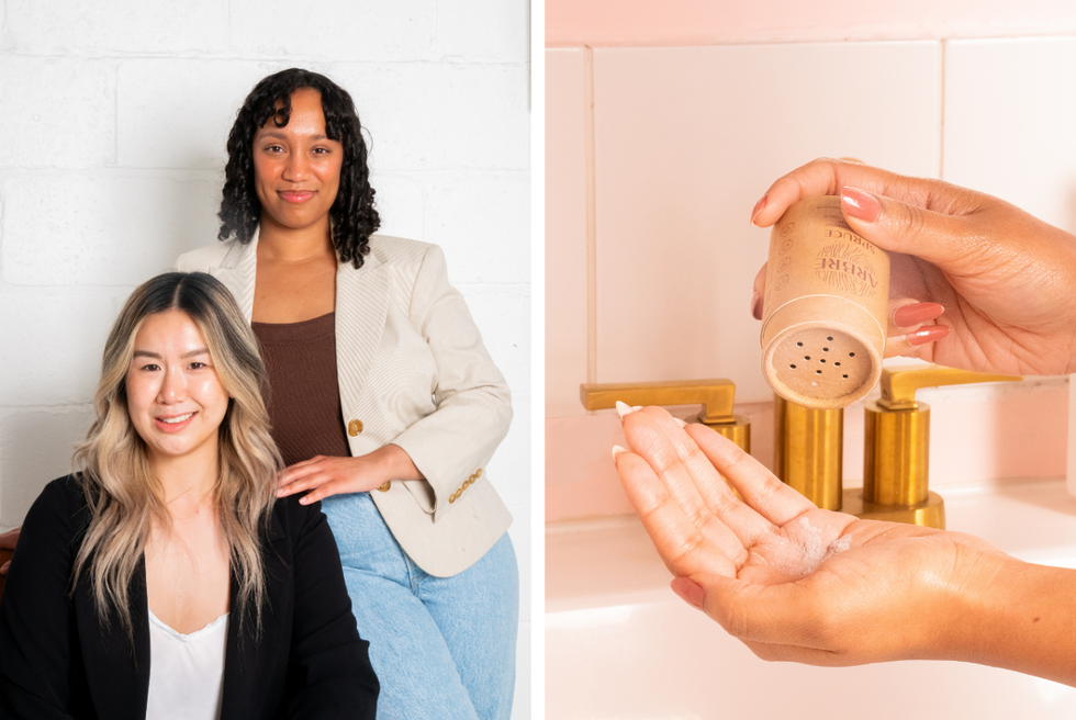 Stephanie Tien sits and smiles and the camera. Behind her, Kristina Kox stands and smiles with her hand on Stephanie's shoulder. Right: A close up of a person's hands as they shake some Arbre sunscreen into their palm from the cardboard packaging.