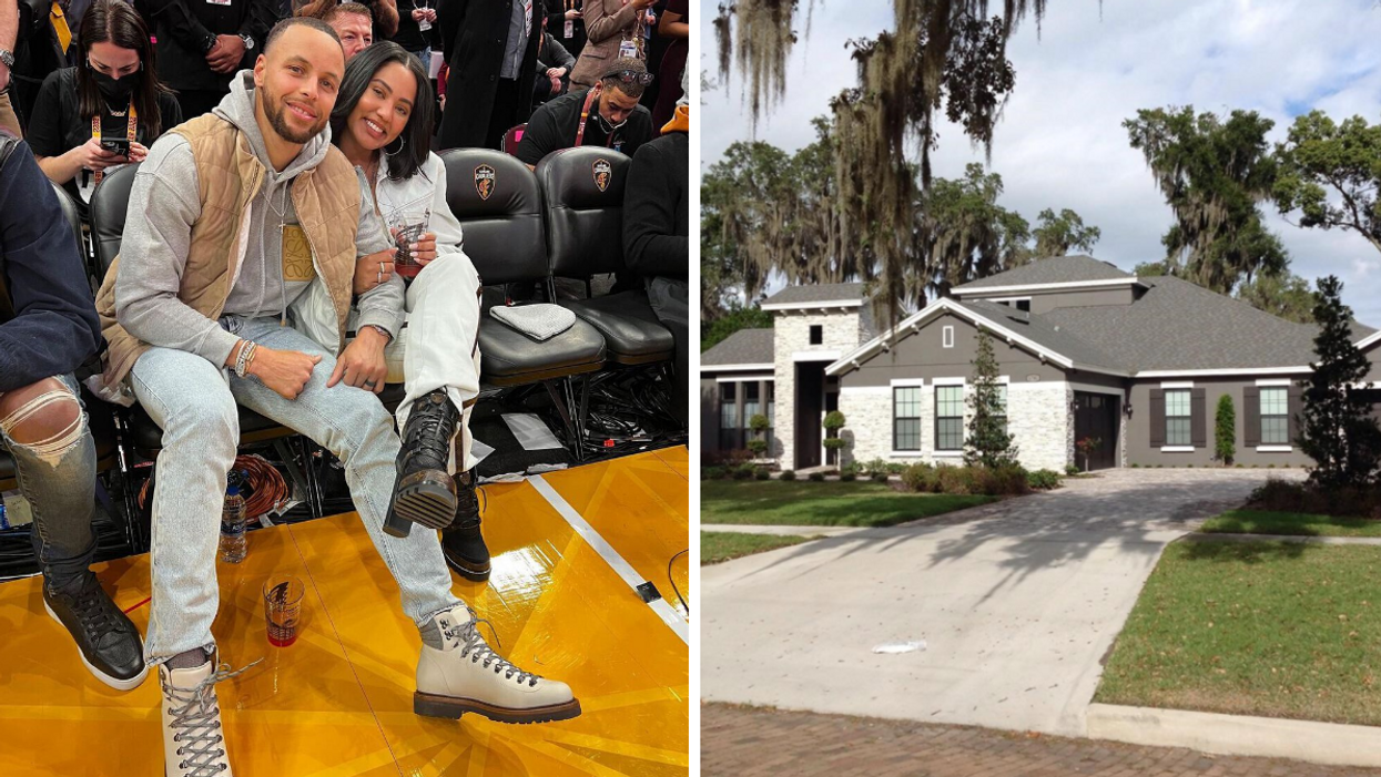 Stephen and Ayesha Curry courtside at a basketball game. Right: The house the Curry's just bought.