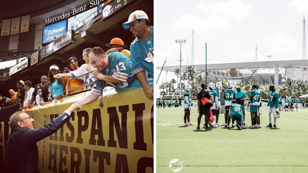 Stephen Ross shaking a fans hand. Right: The Miami Dolphins players training for the upcoming season.