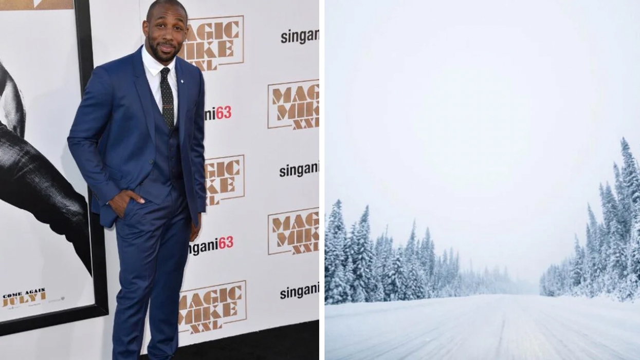 Stephen "tWitch" Boss at a film premiere. Right: Tree-lined road covered in snow during a snowstorm.