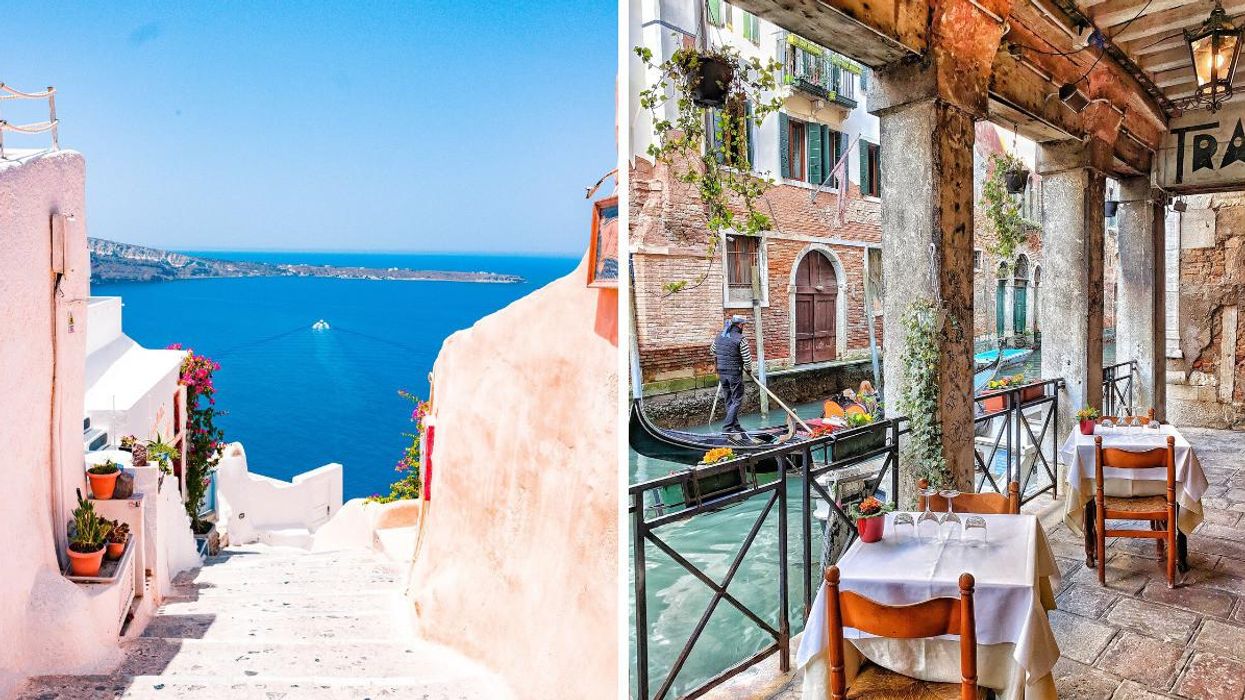 Steps in Oia, Greece with the ocean in the background. Right: Canalside restaurant in Venice, Italy.
