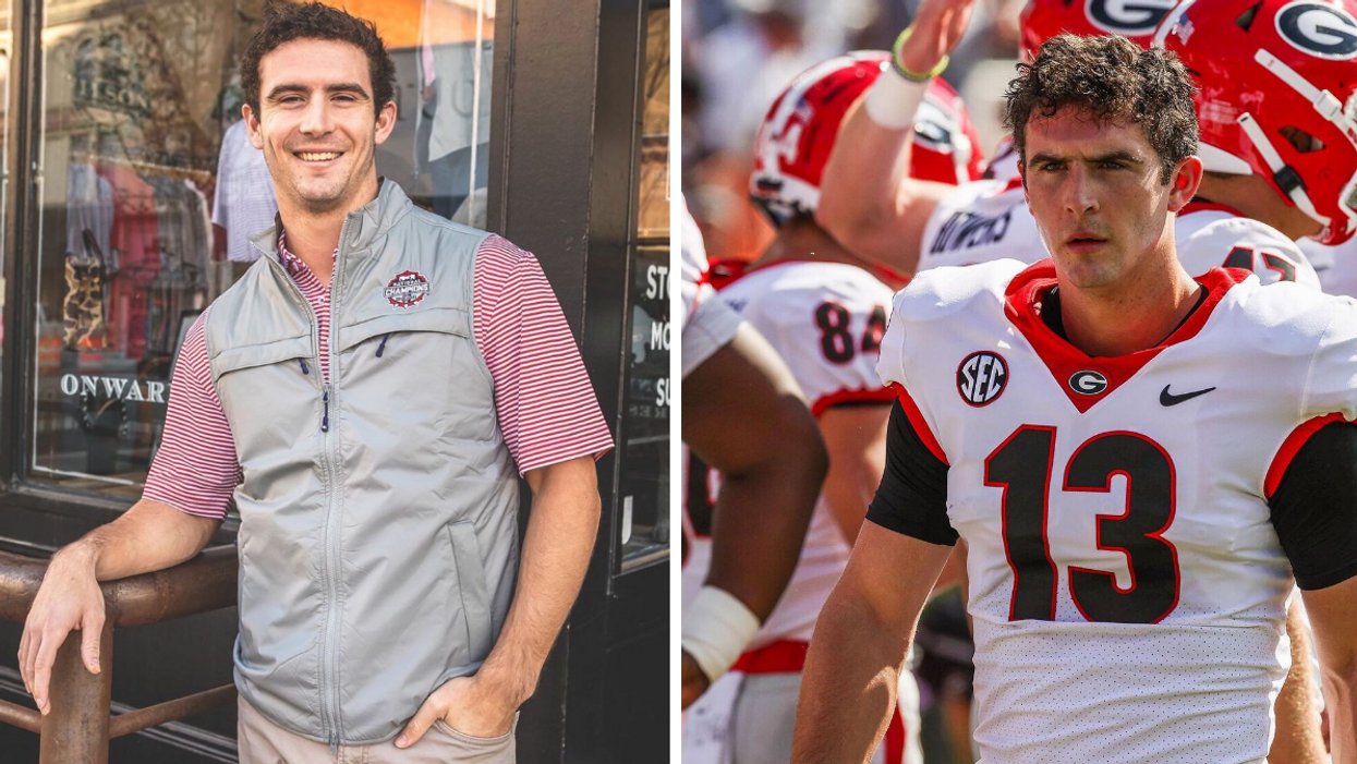 Stetson Bennett in regular clothes. Right: Stetson Bennett in uniform.