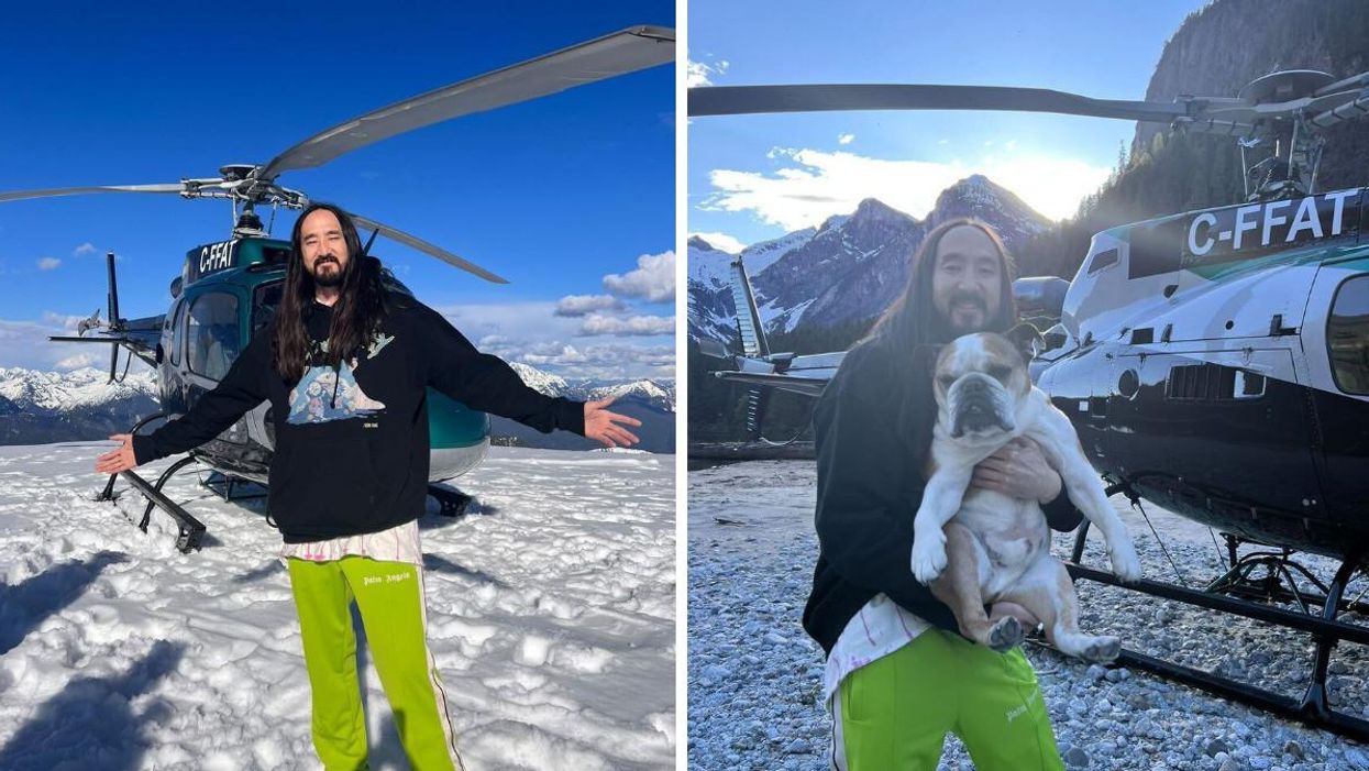 Steve Aoki by a helicopter. Right: Steve Aoki holding a dog.