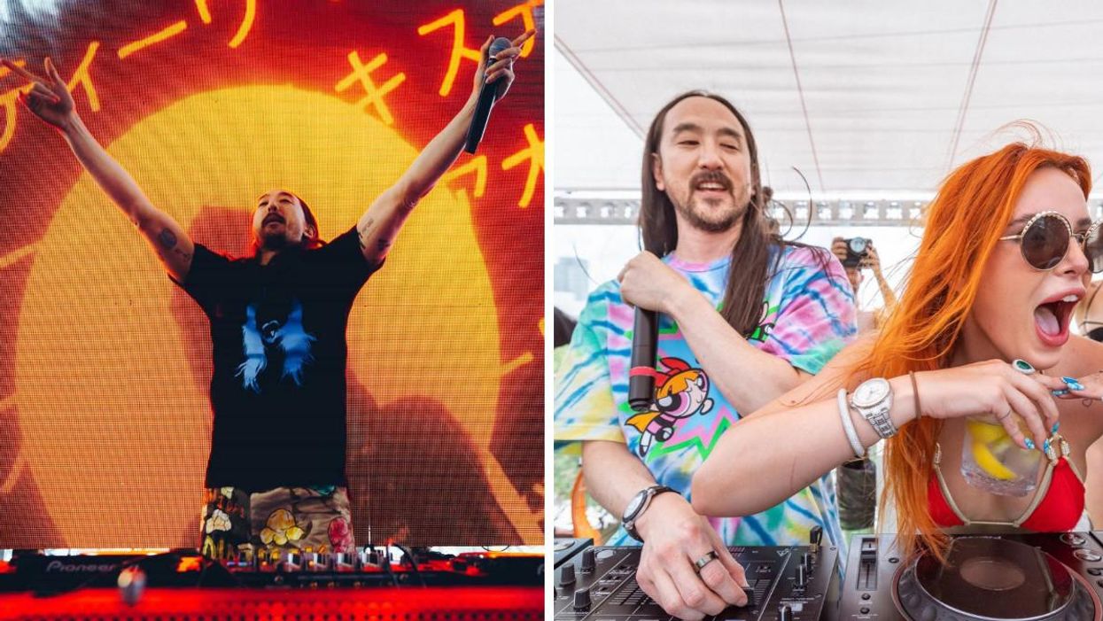 Steve Aoki performing. Right: Steve Aoki performing with a girl beside him.