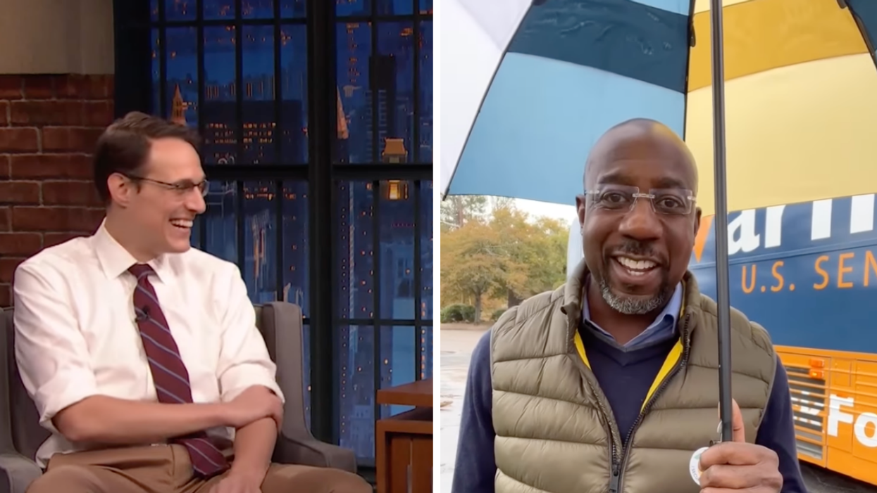 Steve Kornacki on a late night show. Right: Raphael Warnock holding an umbrella.