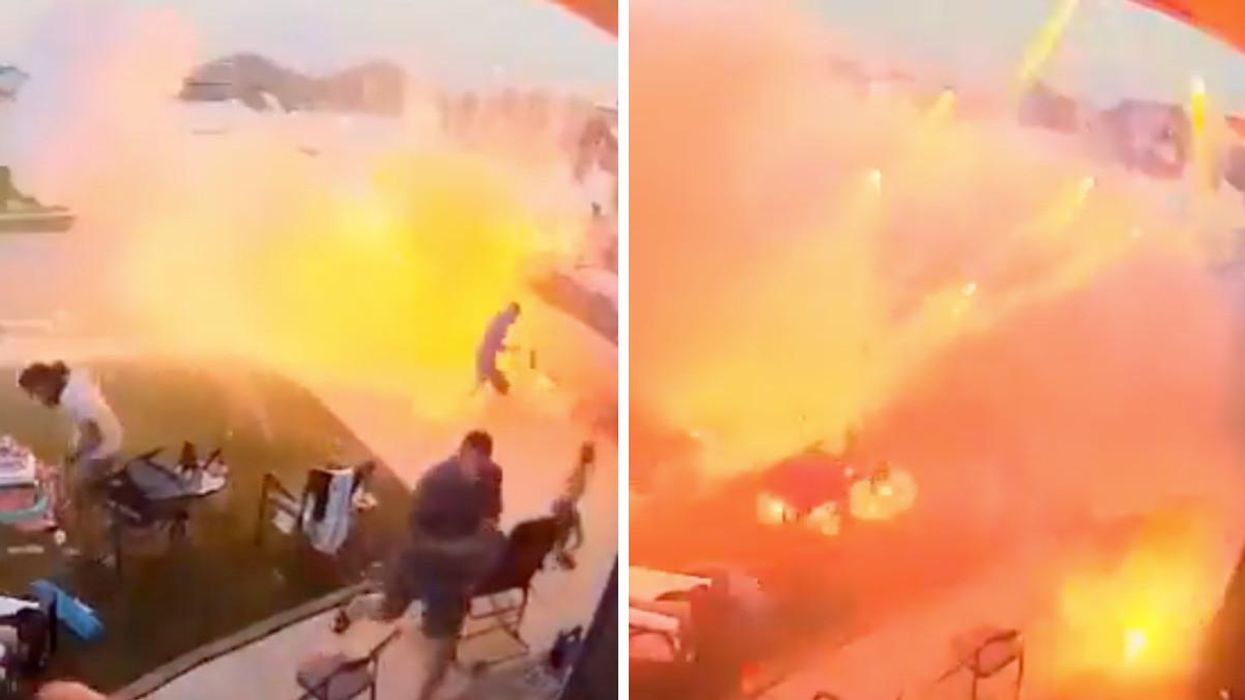 Stills from video of a fireworks explosion on a family's lawn.