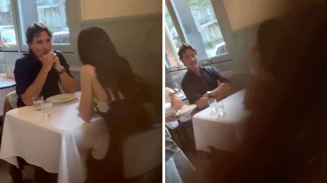 Stills from video of Justin Trudeau and Katy Perry seated at a restaurant.