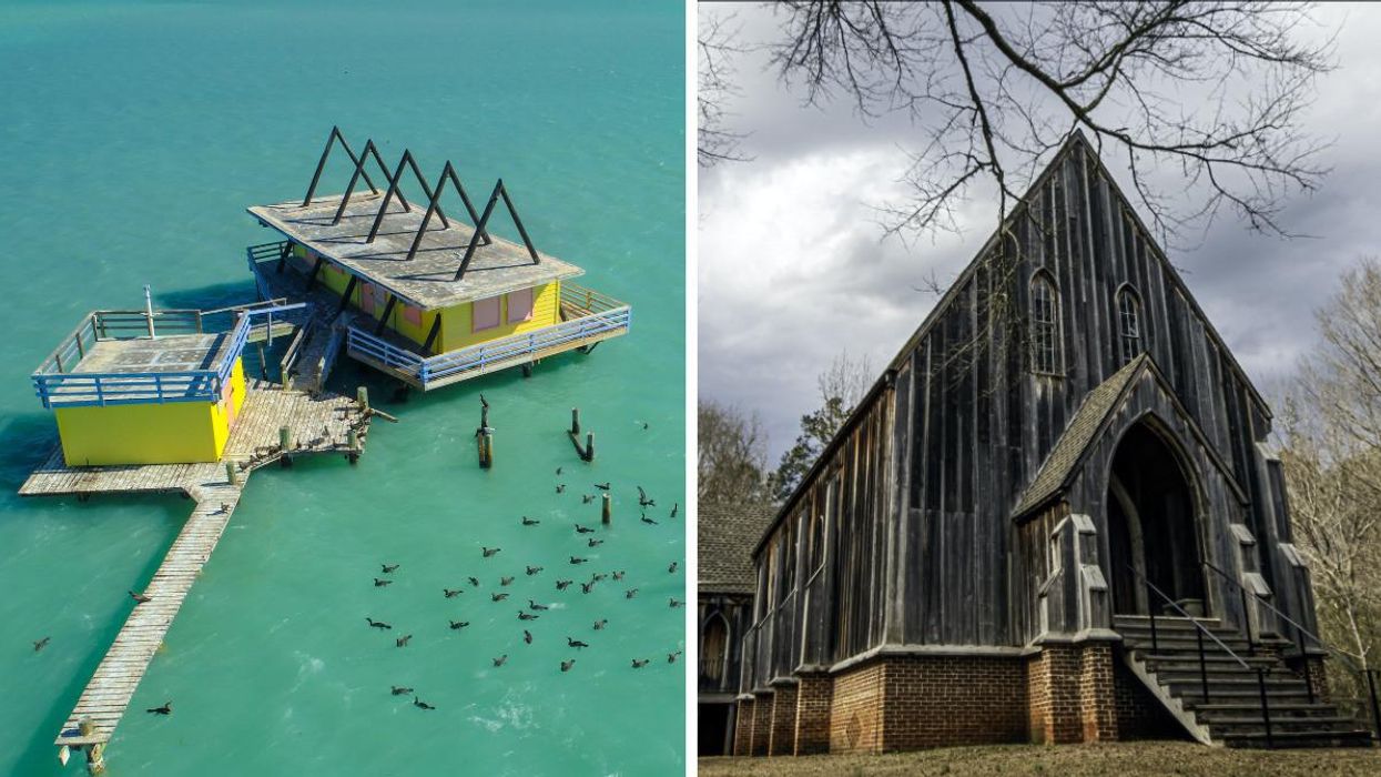 Stiltsville in Biscayne Bay in Florida. Right: St. Luke`s Church at Old Cahawba.