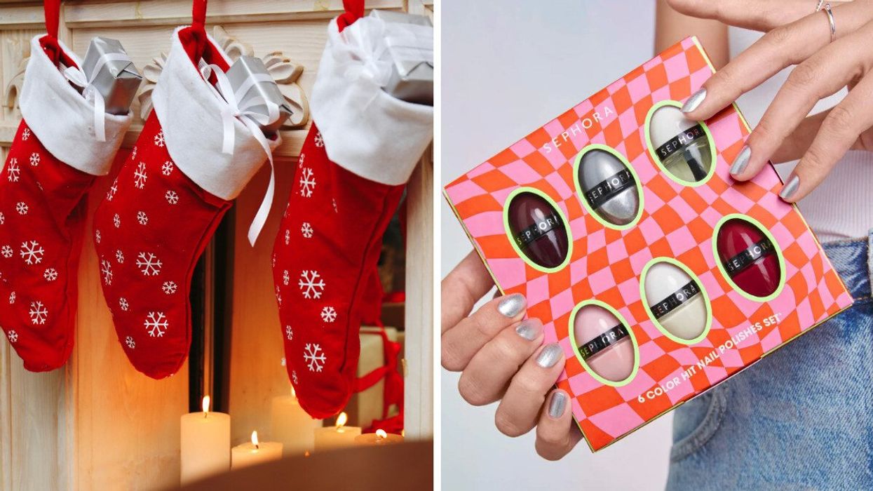 Stockings hanging on a fireplace mantel. Right: A person holding a gift pack of six Sephora nail polishes.