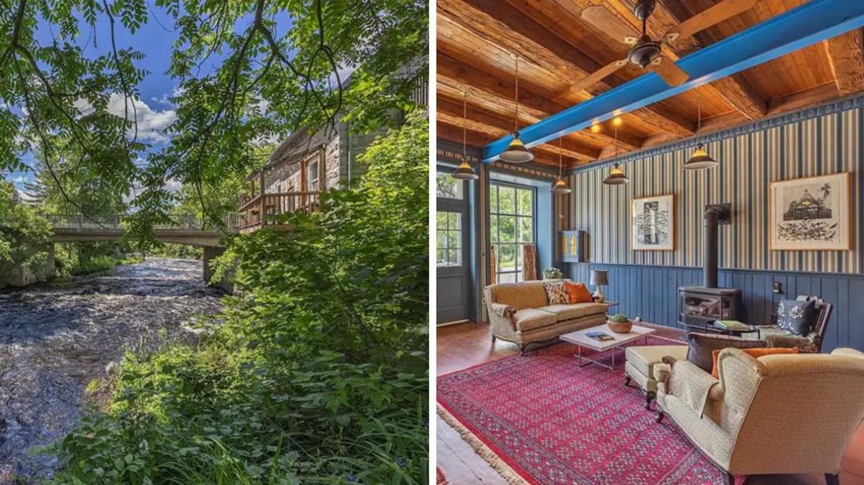 Stone house overlooking a river and a bridge. Right: Living room with chairs and a fireplace.