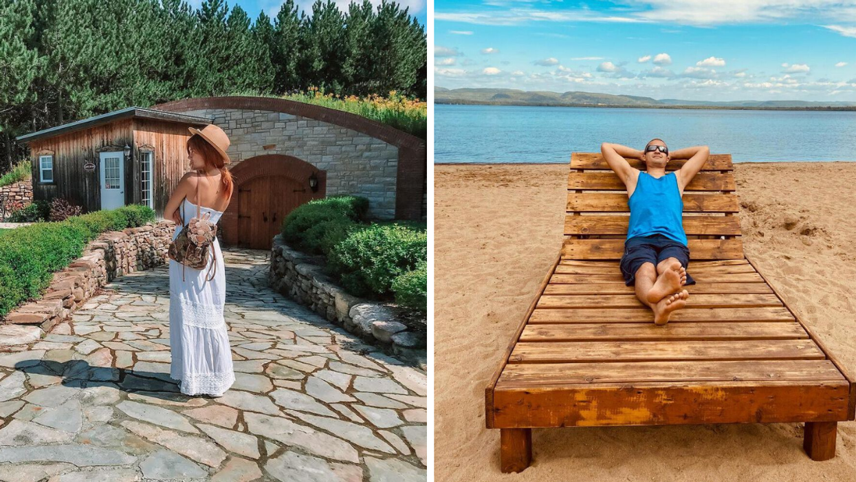 Stone path leading to an underground wine cellar. Right: Lounge chair on Saint Gabriel beach.