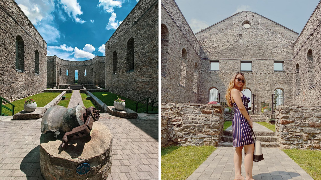 Stone ruins of a historic church surrounded by green grass in Ontario.