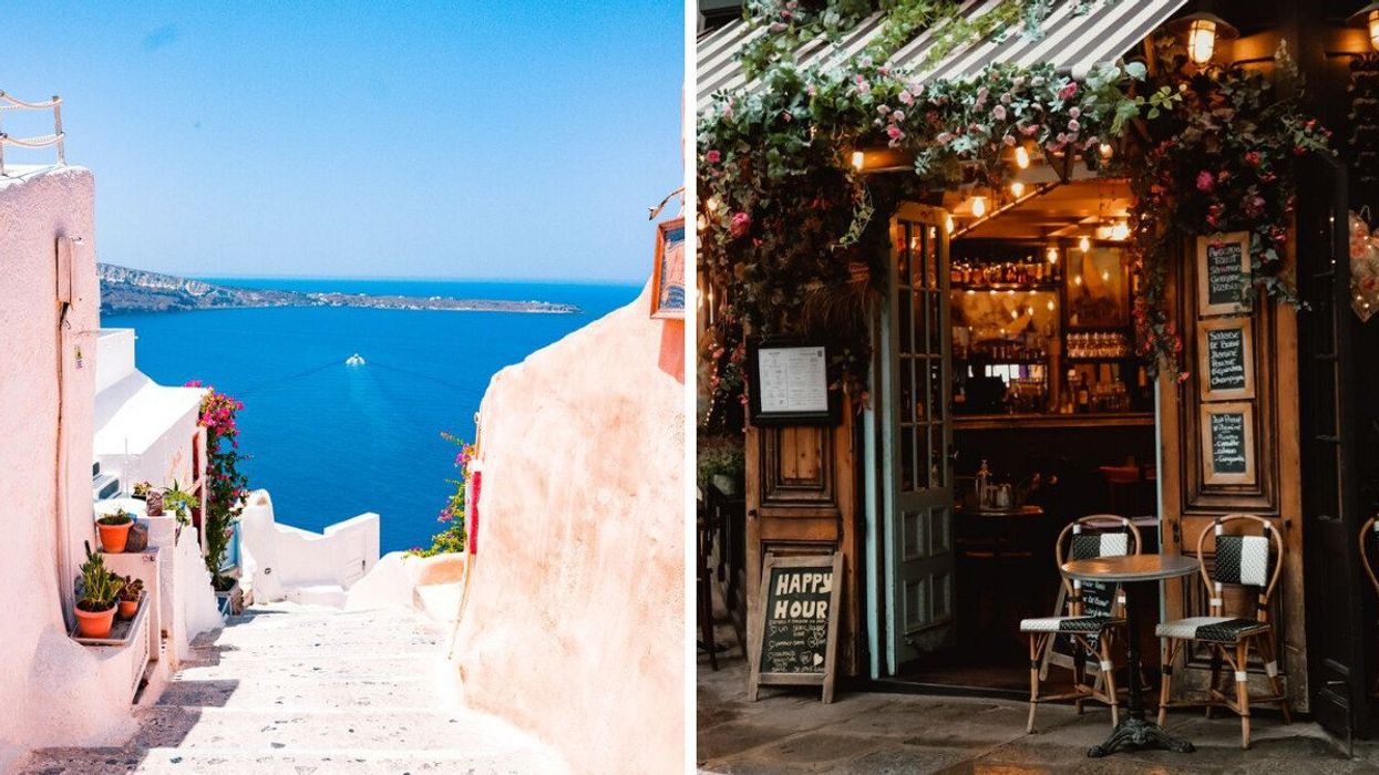 Stone steps down to the Mediterranean Sea in Greece. Right: Restaurant in Paris covered by flowers.