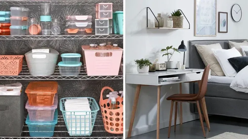 Storage bins from Dollar Tree. Right: A desk from JYSK.