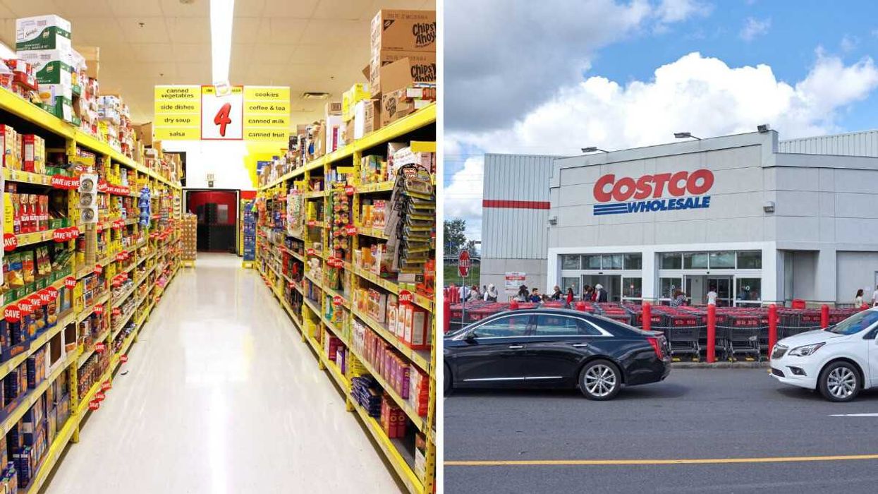 store aisle in a no frills. right: exterior of a costco store in canada