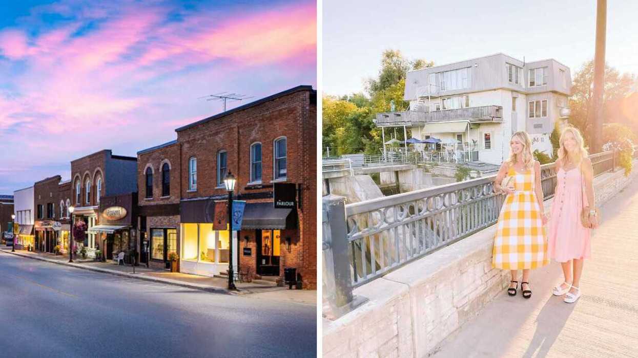 Stores along a main street. Right: Two people standing on a bridge.