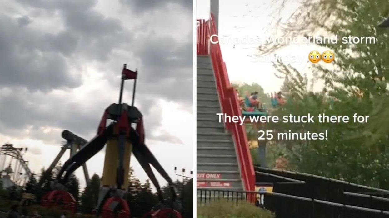 Storm clouds over Canada's Wonderland. Right: Guests stuck on a ride at Canada's Wonderland.
