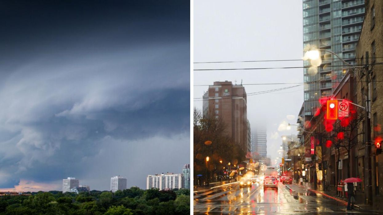 Storm clouds over Ontario. Right: Toronto in the rain.