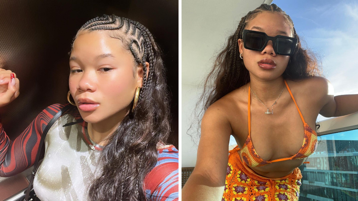 Storm Reid in a long sleeve shirt. Right: Storm Reid in a bathing suit in Miami, FL.