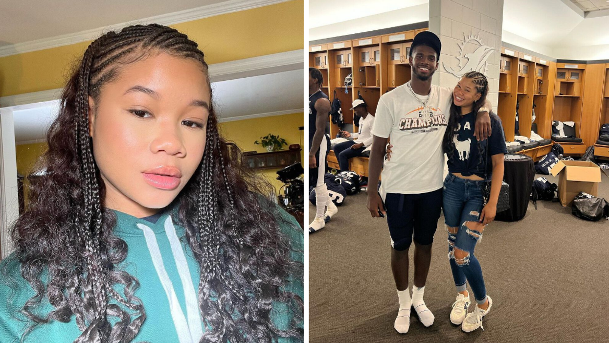 Storm Reid. Right: Shedeur Sanders and Storm Reid in a locker room.