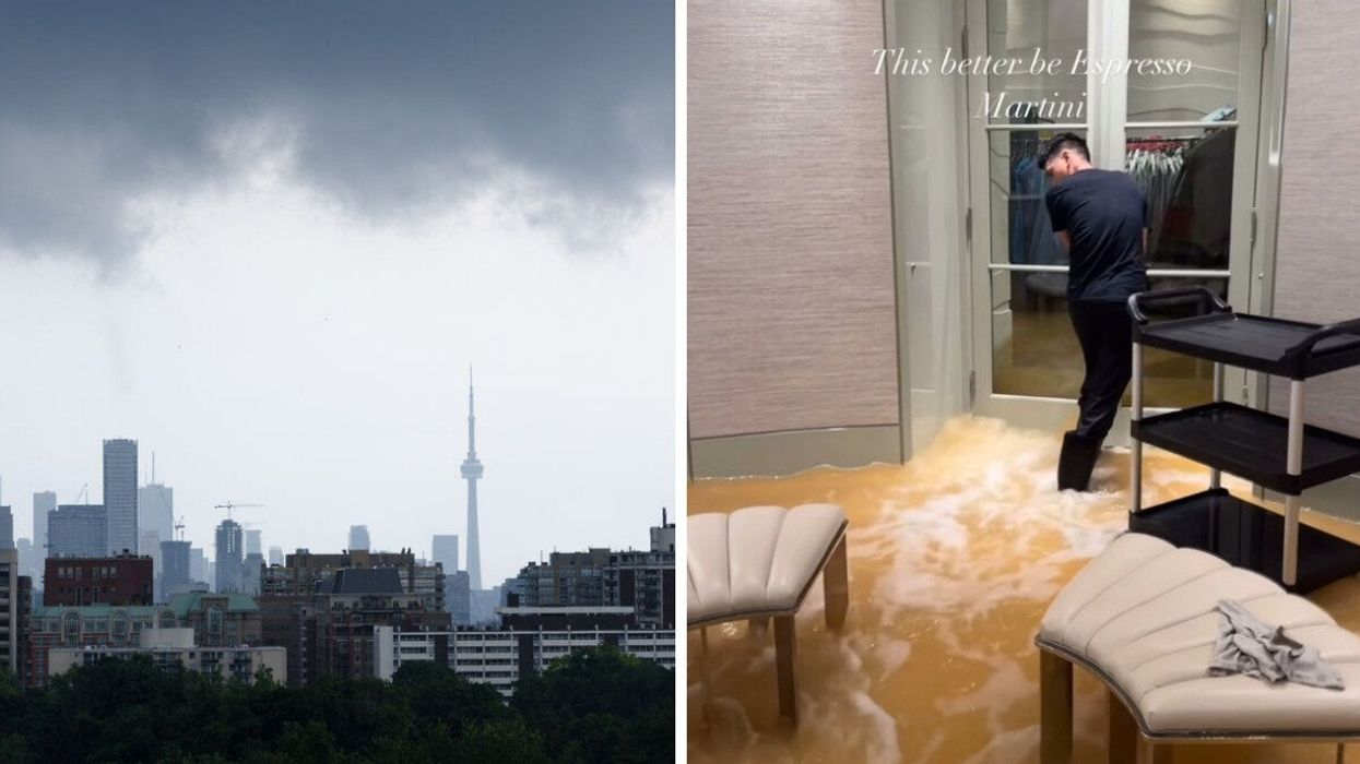 Stormy skies over Toronto. Right: A flood in a house.