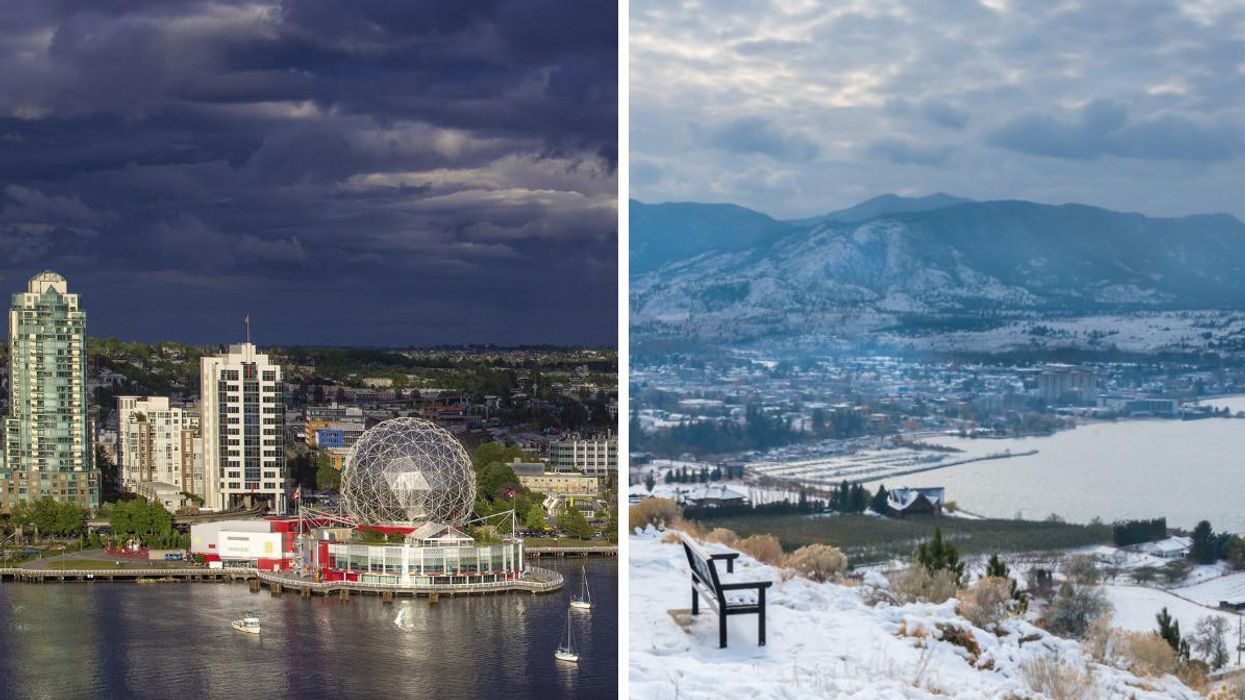 Stormy weather over Vancouver, B.C.. Right: Snow on the ground in B.C..