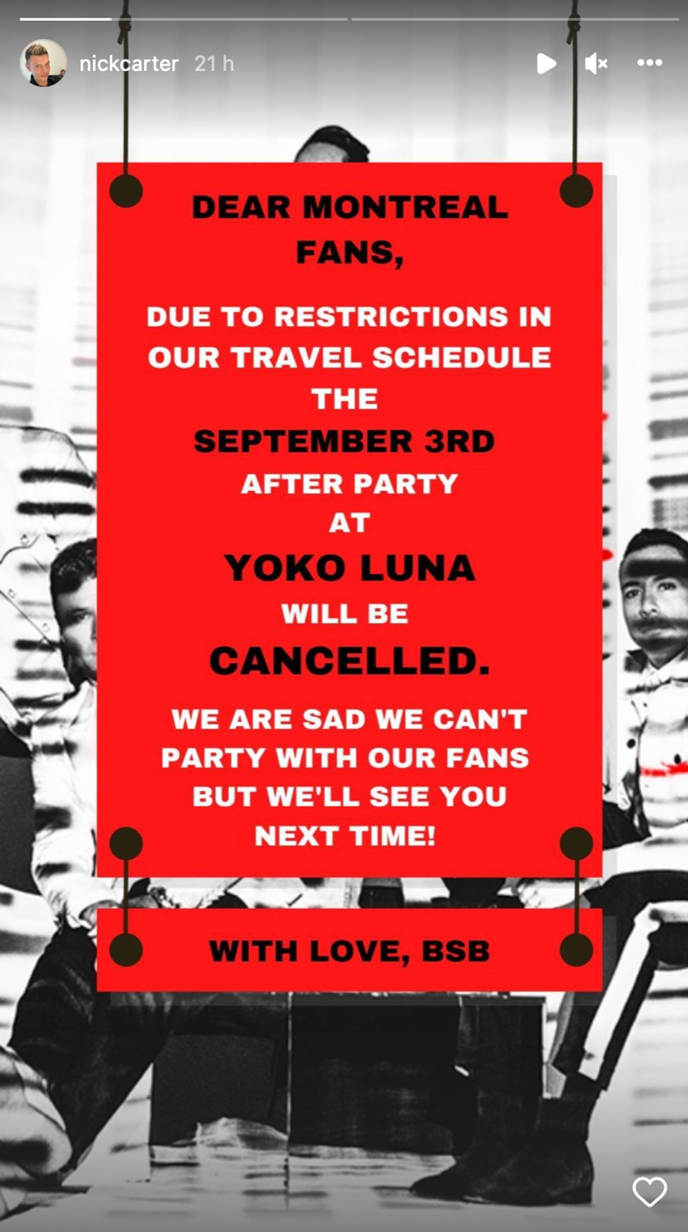 Story Instagram annulant l'after party.