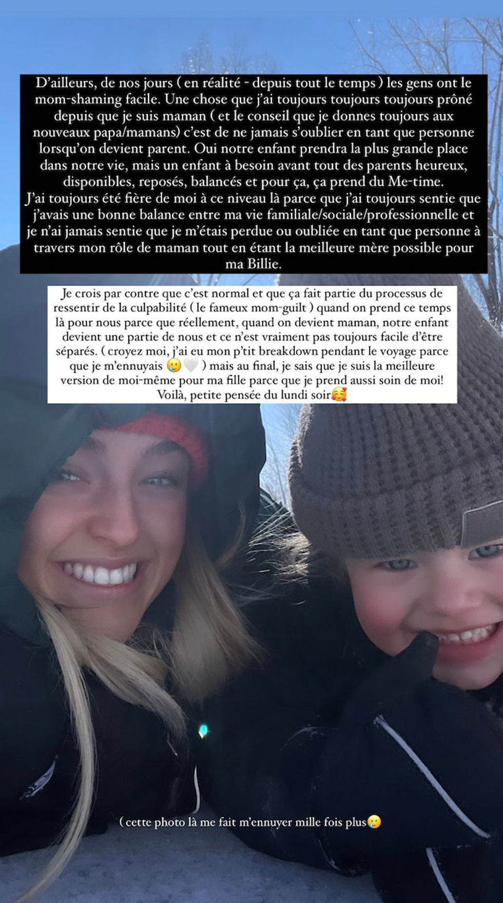 Story Instagram d'Alicia Moffet avec une photo d'elle et de sa fille.