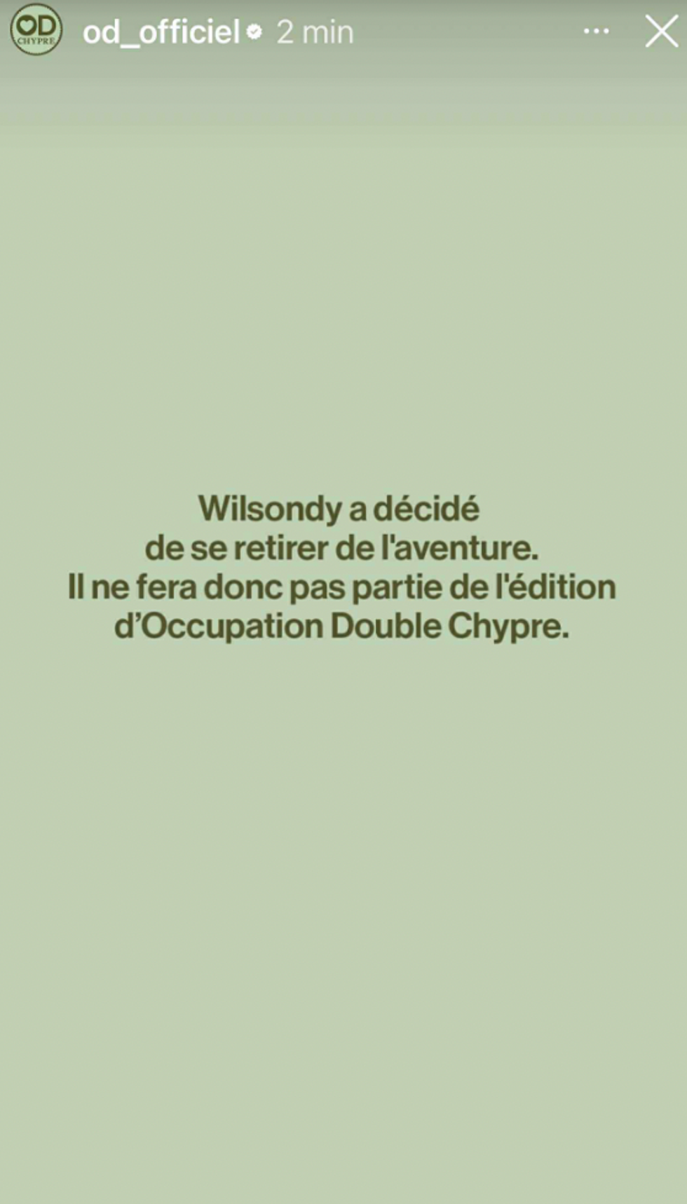 Story Instagram d'Occupation Double annon\u00e7ant le d\u00e9part de Wilsondy Paul.