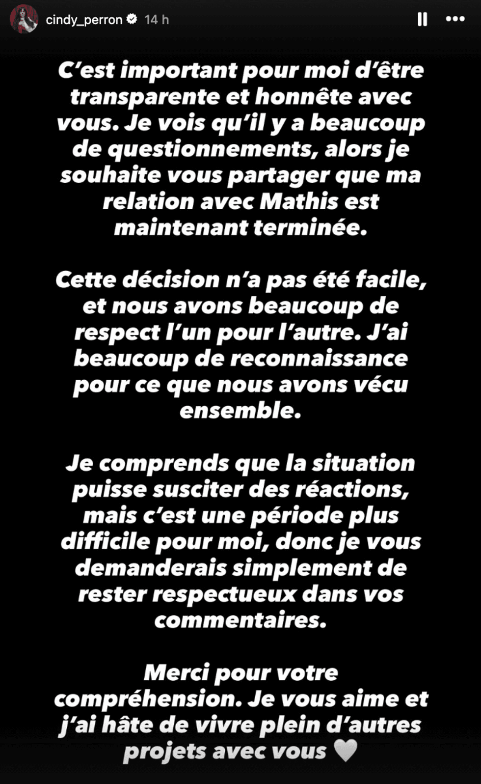 Story Instagram de Cindy Perron annon\u00e7ant sa rupture.