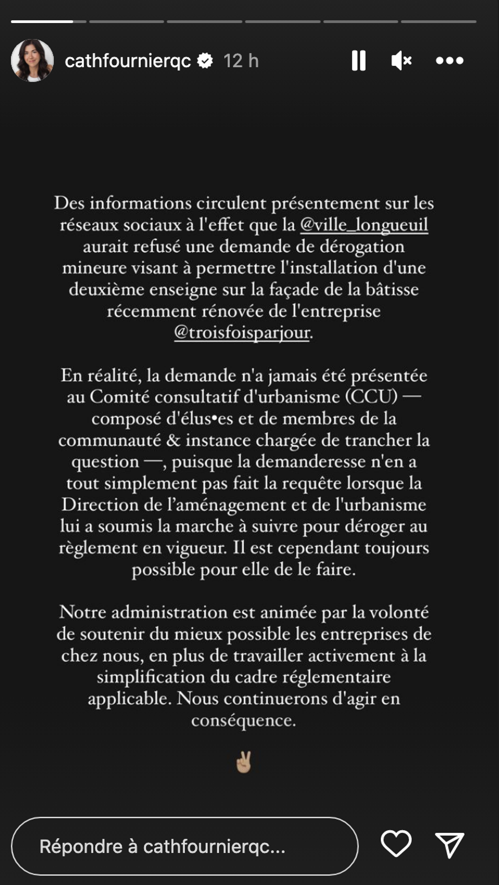 Story Instagram de la mairesse Catherine Fournier.