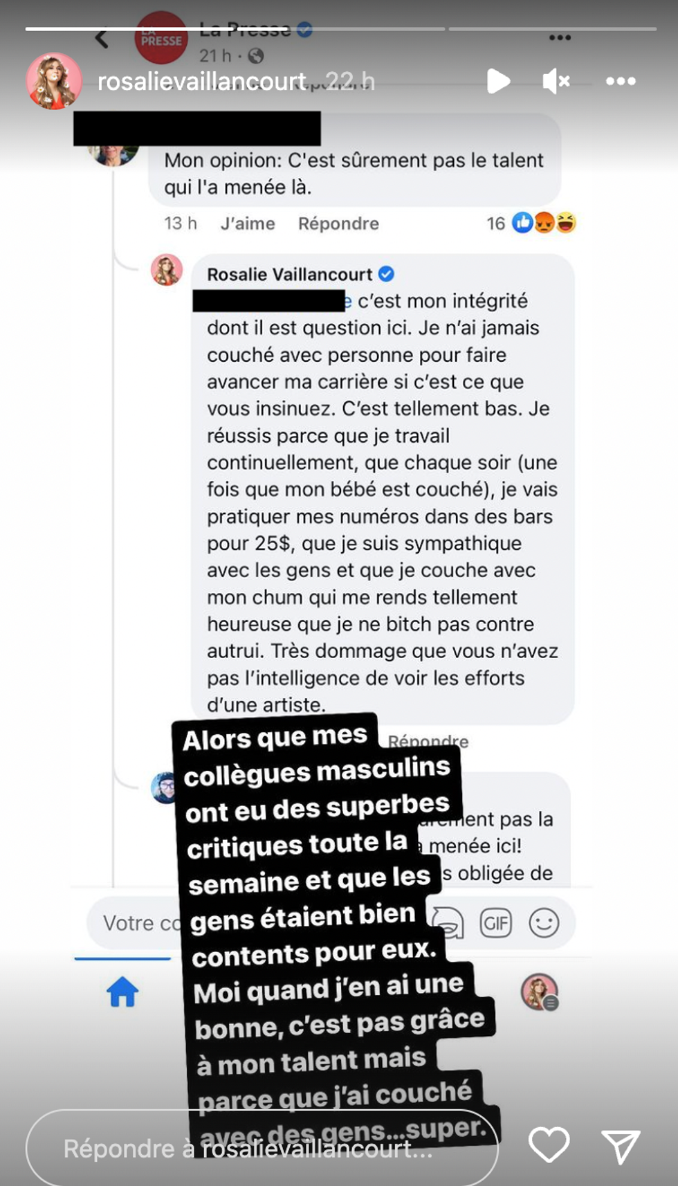 Story Instagram de Rosalie Vaillancourt.