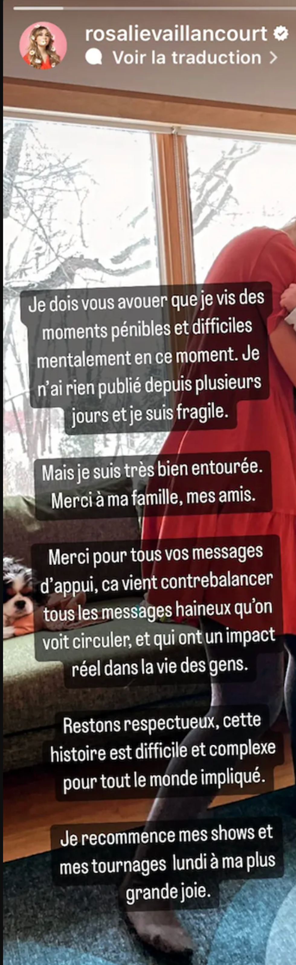 Story Instagram de Rosalie Vaillancourt.